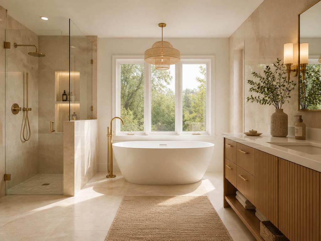 Newly renovated modern bathroom with tiled walk-in shower and brass fixtures
